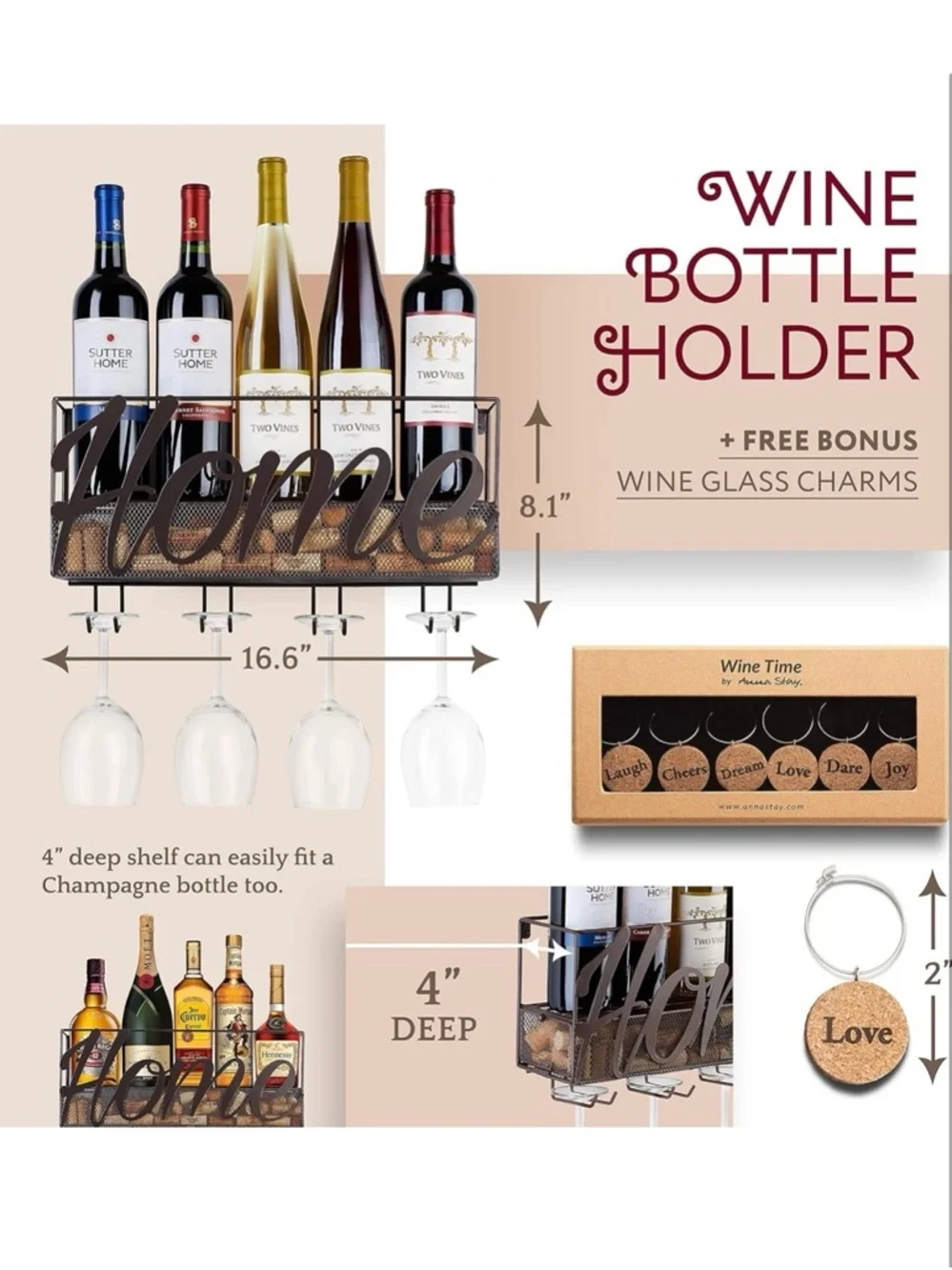 Home Metal Wine Rack with Hanging Glass Holders and Cork Tags - dark brown